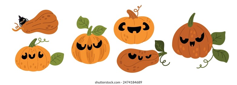 Pumpkin collection for Halloween celebration. Creepy pumpkins for october holiday. Vector illustration isolated white background