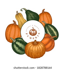 Pumpkin color design template. Vector hand drawn illustrations. Thanksgiving backdrop in retro style with pumpkin harvest. Autumn background.