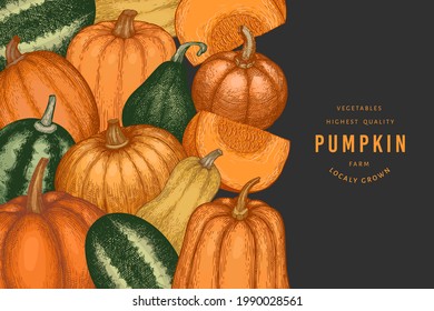 Pumpkin color design template. Vector hand drawn illustrations. Thanksgiving backdrop in retro style with pumpkin harvest. Autumn background.