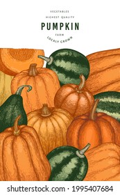 Pumpkin color design template. Vector hand drawn illustrations. Thanksgiving backdrop in retro style with pumpkin harvest. Autumn background.