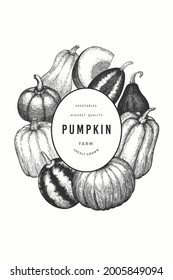 Pumpkin color design template. Vector hand drawn illustrations. Thanksgiving backdrop in retro style with pumpkin harvest. Autumn background.