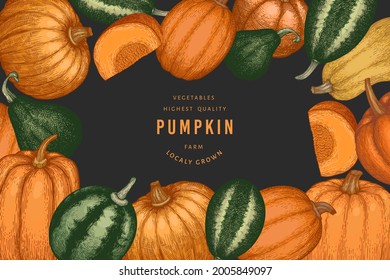 Pumpkin color design template. Vector hand drawn illustrations. Thanksgiving backdrop in retro style with pumpkin harvest. Autumn background.