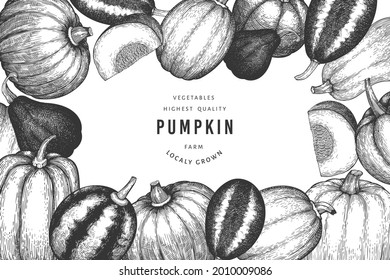 Plantilla de diseño de color de calabaza. Ilustraciones dibujadas a mano por vectores. Fondo de Acción de Gracias en estilo retro con cosecha de calabaza. Fondo otoñal.