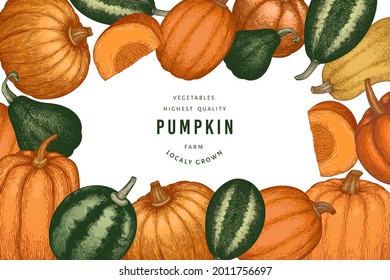 Pumpkin color design template. Vector hand drawn illustrations. Thanksgiving backdrop in retro style with pumpkin harvest. Autumn background.