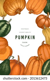 Pumpkin color design template. Vector hand drawn illustrations. Thanksgiving backdrop in retro style with pumpkin harvest. Autumn background.