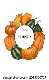 Pumpkin color design template. Vector hand drawn illustrations. Thanksgiving backdrop in retro style with pumpkin harvest. Autumn background.