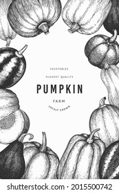 Pumpkin color design template. Vector hand drawn illustrations. Thanksgiving backdrop in retro style with pumpkin harvest. Autumn background.