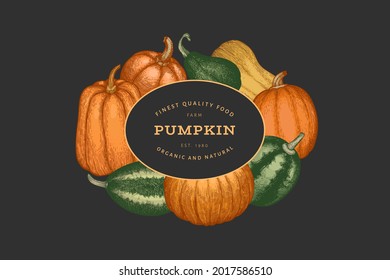 Pumpkin color design template. Vector hand drawn illustrations. Thanksgiving backdrop in retro style with pumpkin harvest. Autumn background.