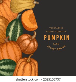 Pumpkin color design template. Vector hand drawn illustrations. Thanksgiving backdrop in retro style with pumpkin harvest. Autumn background.