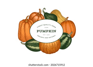 Pumpkin color design template. Vector hand drawn illustrations. Thanksgiving backdrop in retro style with pumpkin harvest. Autumn background.