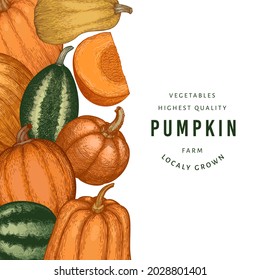 Pumpkin color design template. Vector hand drawn illustrations. Thanksgiving backdrop in retro style with pumpkin harvest. Autumn background.