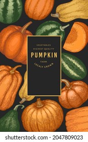 Pumpkin color design template. Vector hand drawn illustrations. Thanksgiving backdrop in retro style with pumpkin harvest. Autumn background.