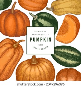 Pumpkin color design template. Vector hand drawn illustrations. Thanksgiving backdrop in retro style with pumpkin harvest. Autumn background.