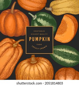 Pumpkin color design template. Vector hand drawn illustrations. Thanksgiving backdrop in retro style with pumpkin harvest. Autumn background.