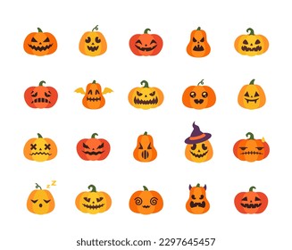 Pumpkin color icons set. Scary characters, Halloween symbol. Vegetables with different facial expressions, wings and hats. Imagination and fantasy. Vector collection isolated on white background