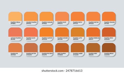 Pumpkin Color Palette, Pumpkin Color Guide Palette with Color Names. Catalog Samples of Pumpkin with RGB HEX codes and Names. Fashion Trend Pumpkin Colour Palette Vector. Vegetable orange Colors