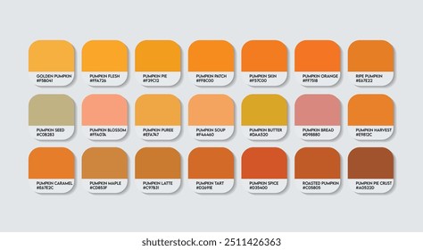 Paleta de cores de abóbora, Paleta de guia de cores laranja de abóbora com nomes de cores. Catálogo Amostras de cores de laranja com códigos RGB HEX. plástico, tinta, cor laranja natural, Moda Tendência Tendência Tons de cor de abóbora