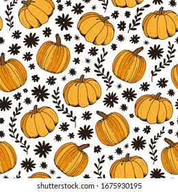 Pumpkin color vector seamless pattern  hand drawn squash sketch isolated white background