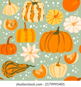 Pumpkin colorful autumn seamless pattern. Halloween and Thanksgiving vector for gifts and textiles.