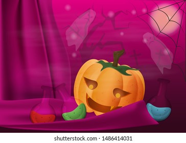 pumpkin and colorful flasks with potion among fabric draperies in the background of the cemetery vector EPS 10