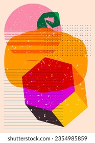 Pumpkin with colorful geometric shapes. Abstract holiday, harvest trendy riso graph design. Geometry elements abstract risograph print texture style.