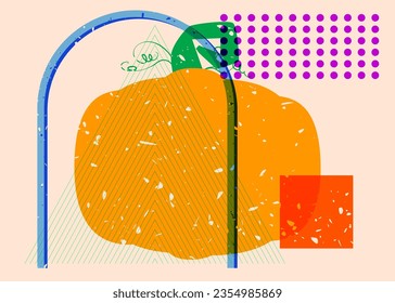 Pumpkin with colorful geometric shapes. Abstract holiday, harvest trendy riso graph design. Geometry elements abstract risograph print texture style.