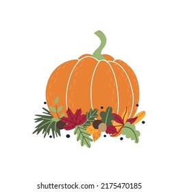 Pumpkin colorful inspirational vector illustration. Seasonal template with orange gourd and autumn leaves. Flat style clipart for thanksgiving day, greeting, invitation card, poster.