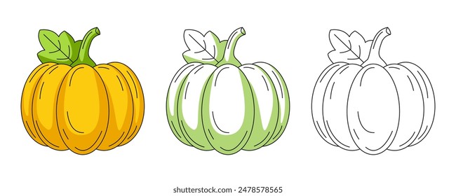 Pumpkin, colorful and line icons set. Farm vegetable vector outline icon, monochrome and color illustration. Healthy nutrition, organic food, natural product. For sticker, logo, coloring book