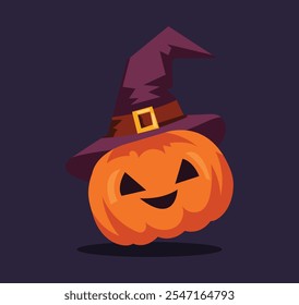 Livro De Coloração De Abóbora Para Crianças. Halloween abóbora vestindo chapéu de bruxa design de ilustração de vetor plano mínimo