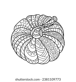 Pumpkin coloring page for adult and children. Creative decorative vegetable. Black and white vector illustration.