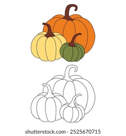Pumpkin coloring pages for kids. Trace and color pumpkin. Pumpkin clipart outline vector. Coloring book for kids. Kindergarten and preschool worksheets printable for kids. Thanksgiving. Halloween.