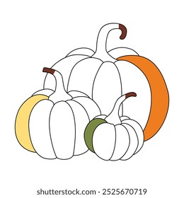 Pumpkin coloring pages for kids. Trace and color pumpkin. Pumpkin clipart outline vector. Coloring book for kids. Kindergarten and preschool worksheets printable for kids. Thanksgiving. Halloween.