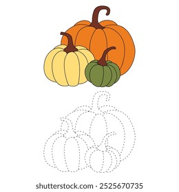Pumpkin coloring pages for kids. Trace and color pumpkin. Pumpkin clipart outline vector. Coloring book for kids. Kindergarten and preschool worksheets printable for kids. Thanksgiving. Halloween.
