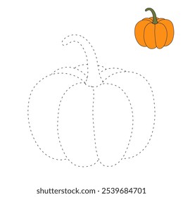 Pumpkin coloring pages for kids. Trace and color pumpkin. Pumpkin vegetable flashcards. Pumpkin thanksgiving isolated on white background. Kindergarten and preschool worksheets printable for kids. 