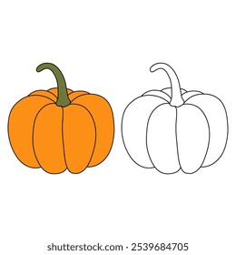 Pumpkin coloring pages for kids. Trace and color pumpkin. Pumpkin vegetable flashcards. Pumpkin thanksgiving isolated on white background. Kindergarten and preschool worksheets printable for kids. 