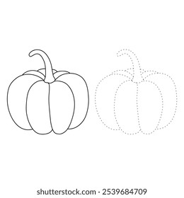 Pumpkin coloring pages for kids. Trace and color pumpkin. Pumpkin vegetable flashcards. Pumpkin thanksgiving isolated on white background. Kindergarten and preschool worksheets printable for kids. 