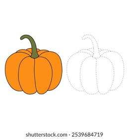 Pumpkin coloring pages for kids. Trace and color pumpkin. Pumpkin vegetable flashcards. Pumpkin thanksgiving isolated on white background. Kindergarten and preschool worksheets printable for kids. 