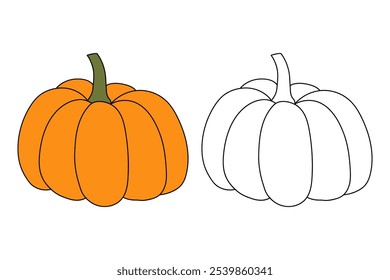 Pumpkin coloring pages for kids. Trace and color pumpkin. Pumpkin vegetable flashcards. Pumpkin thanksgiving isolated on white background. Kindergarten and preschool worksheets printable for kids. 