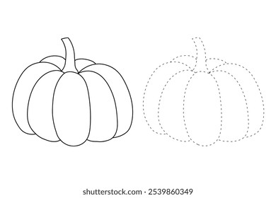 Pumpkin coloring pages for kids. Trace and color pumpkin. Pumpkin vegetable flashcards. Pumpkin thanksgiving isolated on white background. Kindergarten and preschool worksheets printable for kids. 