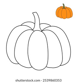 Pumpkin coloring pages for kids. Trace and color pumpkin. Pumpkin vegetable flashcards. Pumpkin thanksgiving isolated on white background. Kindergarten and preschool worksheets printable for kids. 