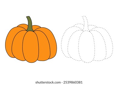 Pumpkin coloring pages for kids. Trace and color pumpkin. Pumpkin vegetable flashcards. Pumpkin thanksgiving isolated on white background. Kindergarten and preschool worksheets printable for kids. 