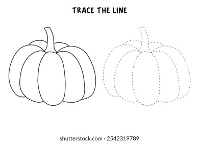 Pumpkin coloring pages for kids. Trace and color pumpkin. Pumpkin vegetable flashcards. Pumpkin thanksgiving isolated on white background. Kindergarten and preschool worksheets printable for kids. 