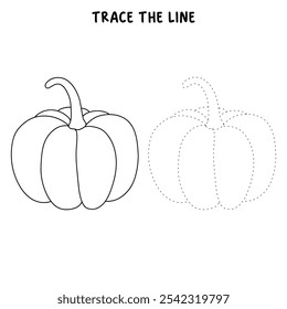 Pumpkin coloring pages for kids. Trace and color pumpkin. Pumpkin vegetable flashcards. Pumpkin thanksgiving isolated on white background. Kindergarten and preschool worksheets printable for kids. 