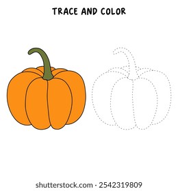 Pumpkin coloring pages for kids. Trace and color pumpkin. Pumpkin vegetable flashcards. Pumpkin thanksgiving isolated on white background. Kindergarten and preschool worksheets printable for kids. 