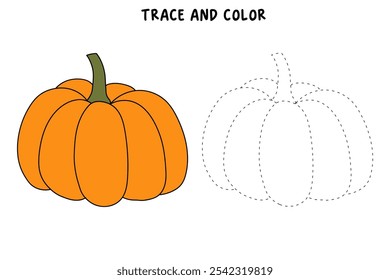 Pumpkin coloring pages for kids. Trace and color pumpkin. Pumpkin vegetable flashcards. Pumpkin thanksgiving isolated on white background. Kindergarten and preschool worksheets printable for kids. 