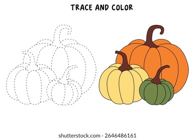 Pumpkin coloring pages for kids. Trace and color pumpkin thanksgiving. Pumpkin clipart outline vector. Thanksgiving fun activity coloring pumpkin vegetable for Kindergarten and preschool.