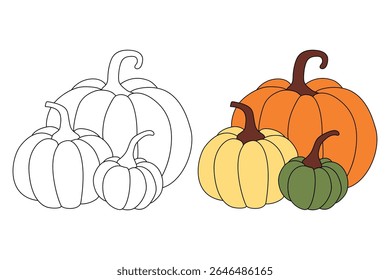 Pumpkin coloring pages for kids. Trace and color pumpkin thanksgiving. Pumpkin clipart outline vector. Thanksgiving fun activity coloring pumpkin vegetable for Kindergarten and preschool.