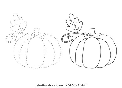 Pumpkin coloring pages for kids. Trace and color pumpkin thanksgiving. Pumpkin clipart outline vector. Thanksgiving fun activity coloring pumpkin vegetable for Kindergarten and preschool.