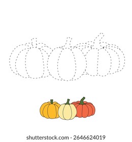 Pumpkin coloring pages for kids. Trace and color pumpkin thanksgiving. Pumpkin clipart outline vector. Thanksgiving fun activity coloring pumpkin vegetable for Kindergarten and preschool.
