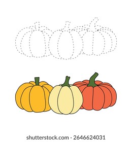 Pumpkin coloring pages for kids. Trace and color pumpkin thanksgiving. Pumpkin clipart outline vector. Thanksgiving fun activity coloring pumpkin vegetable for Kindergarten and preschool.